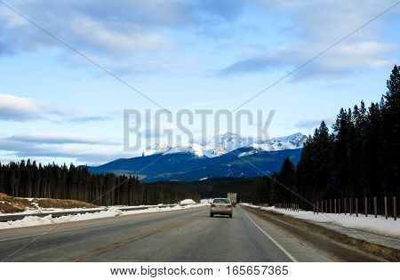 Road in the Evenin in Winter Canadian Rockies Alberta Canada