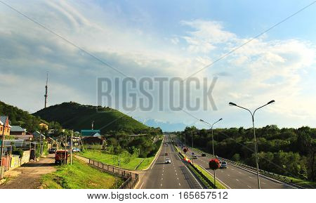Almaty, Kazakhstan, view to the Eastern Bypass Highway and Kok-Tobe from bridge