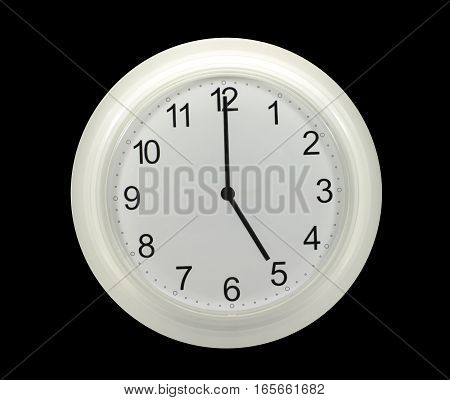 Wall watch showing five o'clock isolated on black background