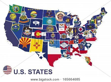 US map with flags of states on white background