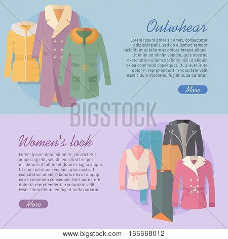 Outerwear women s look web banner. Autumn winter collection. Stylish fashionable woman coat garment from designers. Best world brands trends. New collection of outwear models. Vector illustration