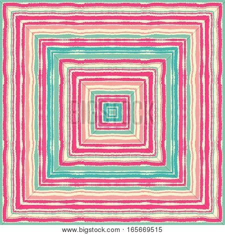 Seamless striped, rectangle, ornamental pattern. Square lines with torn paper effect. Shred edge background. Pastel cold turquoise, gray, rose, magenta colored. Winter sunrise theme. Vector illustration