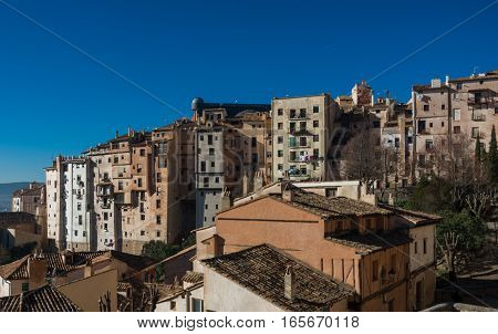 View To Hanging Houses Of Cuenca Old Town. Outstanding Example Of A Medieval City, Built On The Stee