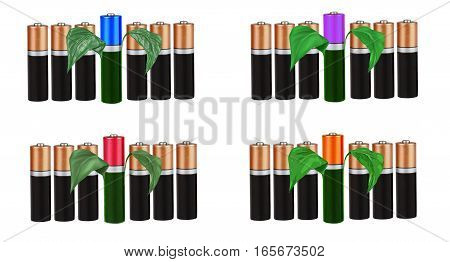 Environmental-friendly energy sources, batteries, on a white background, with green leaves, isolated, montage