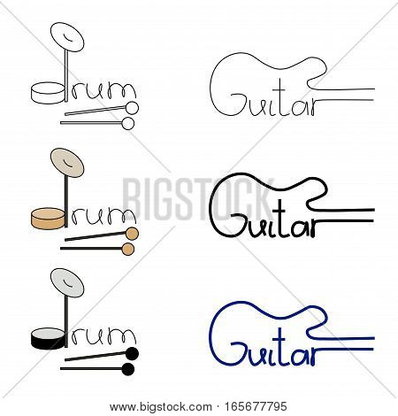 Vector set. Words guitar and drum on the white isolated