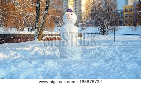 Snowman with purple hat in city park