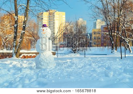 Snowman with purple hat in city park