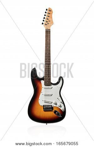 Beautiful electric guitar brown color standing upright isolated on a white background