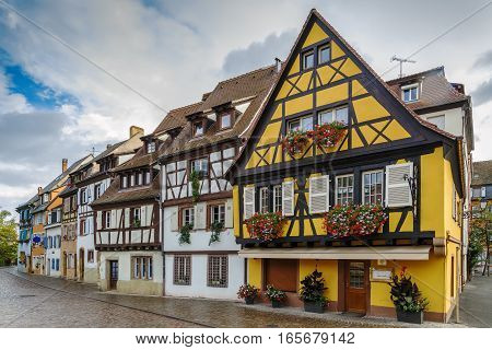 Embankment of Lauch River with historical houses in Colmar Alsace France