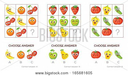 IQ test. Choose correct answer. Logical tasks made up of fruits and vegetables. Funny cartoon character. Vector illustration