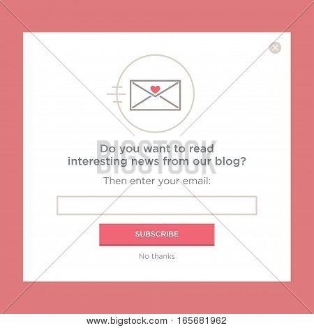 Vector template for email subscribe. Love theme. Envelope with heart. St. Valentine's day.