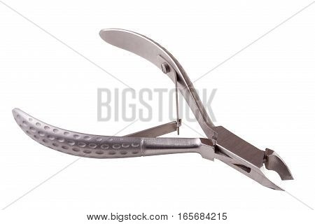 nail clippers to remove the cuticle and nail care products isolated on white background.