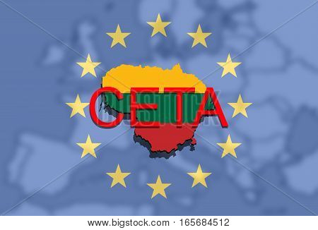 Ceta - Comprehensive Economic And Trade Agreement On Euro Background, Lithuania Map