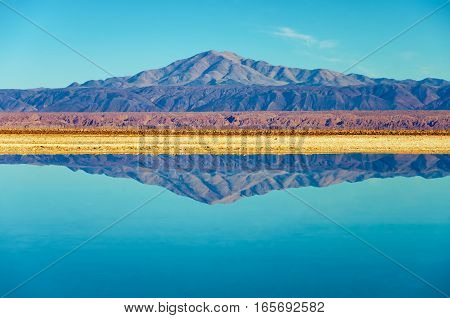 Perfect mirror like reflection in Lake Chaxa near San Pedro de Atacama Chile
