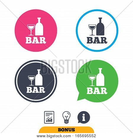 Bar or Pub sign icon. Wine bottle and Glass symbol. Alcohol drink symbol. Report document, information sign and light bulb icons. Vector