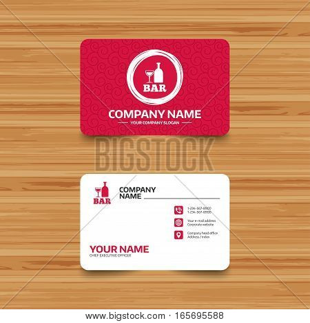 Business card template with texture. Bar or Pub sign icon. Wine bottle and Glass symbol. Alcohol drink symbol. Phone, web and location icons. Visiting card  Vector