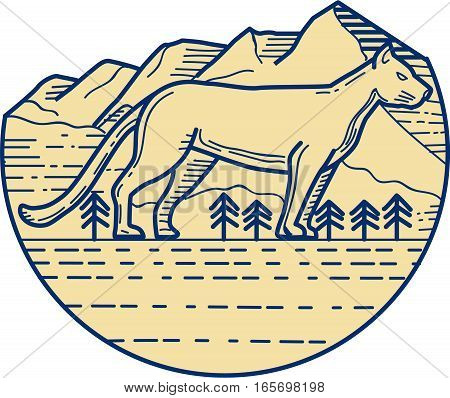 Mono line style illustration of a cougar mountain lion viewed from the side set inside half circle with mountain and trees in the background.