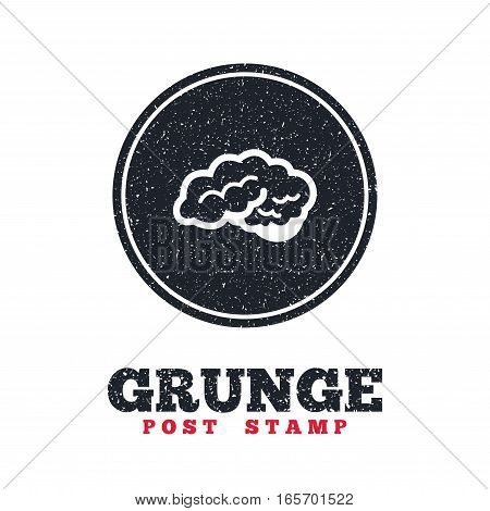 Grunge post stamp. Circle banner or label. Brain with cerebellum sign icon. Human intelligent smart mind. Dirty textured web button. Vector