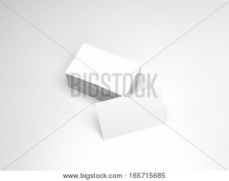 Stack of white business cards. Name cards mockup template on white leather background. 3D Rendering with shadow