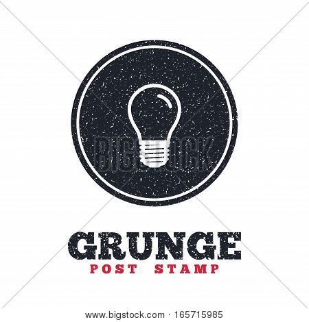 Grunge post stamp. Circle banner or label. Light bulb icon. Lamp E27 screw socket symbol. Led light sign. Dirty textured web button. Vector