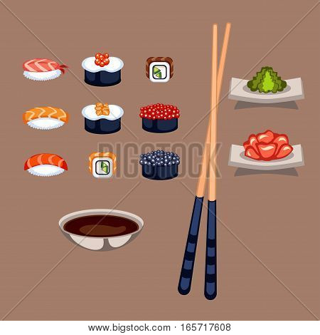 Sushi rolls icon food and japanese gourmet seafood. Traditional seaweed fresh raw food vector illustration. Asian cuisine restaurant wasabi delicious.