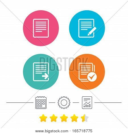 File document icons. Download file symbol. Edit content with pencil sign. Select file with checkbox. Calendar, cogwheel and report linear icons. Star vote ranking. Vector