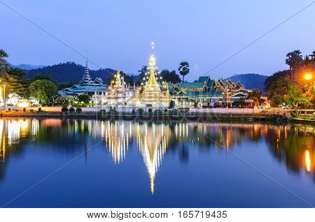 Wat Jongklang - Wat Jongkham the most favourite place for tourist in Mae hong son near Chiang mai Thailand with sunset blue sky