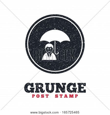 Grunge post stamp. Circle banner or label. Human insurance sign icon. Man Person symbol. Dirty textured web button. Vector