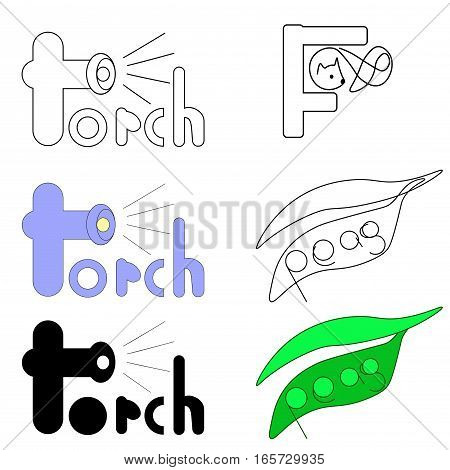 Vector set of logs for business. Words torch fox and peas stylized in icons