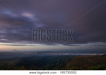 Aerial view of managua city at sunset time with colorful sky
