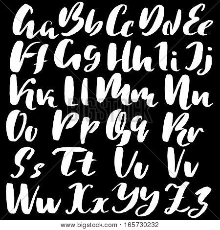 Hand drawn font made by dry brush strokes. Grunge style alphabet. Handwritten font. Vector illustration