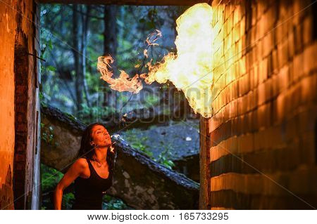 fire show Fire Breather Large Plume Of Flame the girl