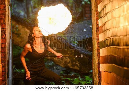 fire show Fire Breather Large Plume Of Flame the girl