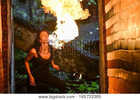 fire show Fire Breather Large Plume Of Flame the girl