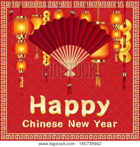 happy chinese new year with hand fan and chinese lantern