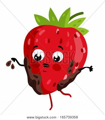 Cute fruit strawberry cartoon character isolated on white background vector illustration. Funny positive and friendly strawberry emoticon face icon. Happy smile cartoon face food emoji, comical fruit