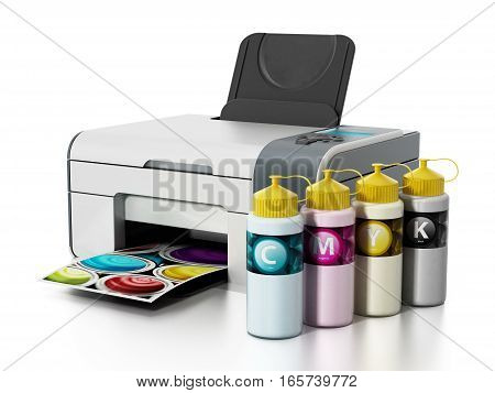 CMYK ink filling bottles and inkjet printer isolated on white background. 3D illustration.