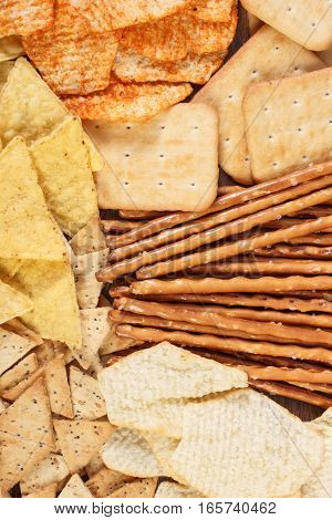 Heap Of Salted Crisps, Breadsticks And Cookies, Concept Of Unhealthy Food