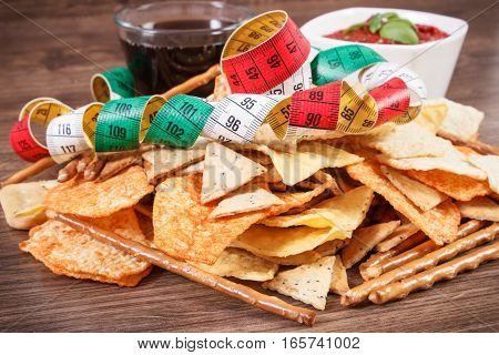 Centimeter, Unhealthy Food, Sauce With Basil And Cola On Wooden Board