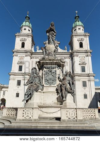 Cathedral of Saints Rupert and Vergilius and Marian column in Domplatz. Salzburg Austria