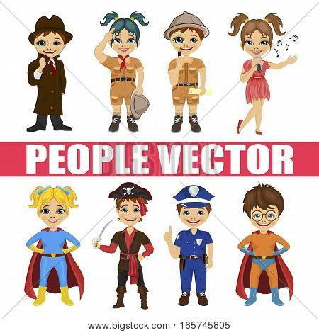 Set of diverse kids isolated on white background. Happy children, detective, boyscout, singer, superhero, pirate, police