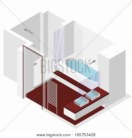 Modern bathroom with wooden floor in isometric perspective. Shower enclosure with sliding glass doors. Bathtub filled with water. Bathroom sinks with mirror. Vector sanitary washroom equipment.