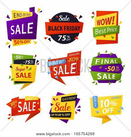 Retail sale tag for black friday price discount. Advertising sticker for sale promotion or announcement, sell badges for retail promo or clearance trading. Shop and store, supermarket theme