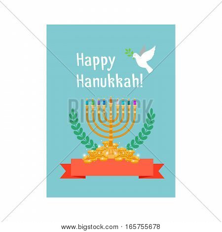 Jewish holidays, happy hanukkah card with menorah candles, chink, red ribbon and bird. Vector illustration