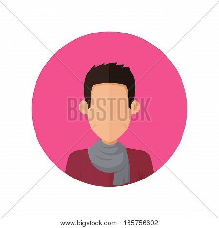 Man character avatar vector in flat style design. Brunet male personage portrait icon in pink circle. Illustration for concepts, app pictograms, infographic. Isolated on white background.