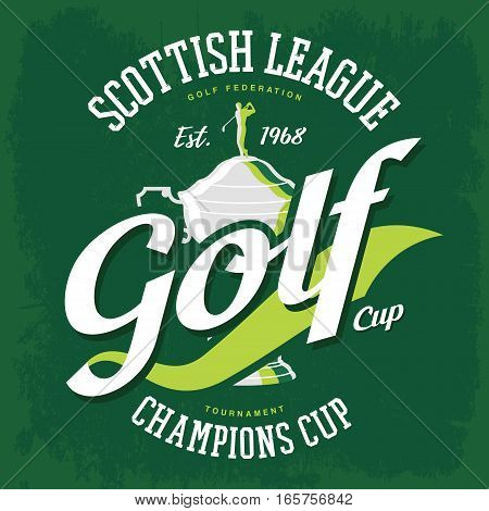 Golf trophy and golfer with club on top. Cup for man or senior major tournament with player for sport gear emblem or wear, t-shirt print. Clothing logo, branding, advertising, scottish federation sign