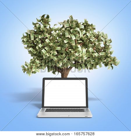 Black Empty Screen Pc With Money Tree On Gradient Background 3D Render Success Knowlage Concept