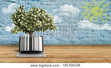 Black Pc With Money Tree Breeck Background 3D Render Success Knowlage Concept