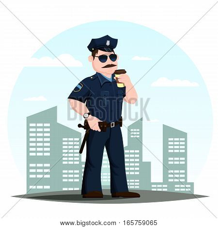 Policeman or american police officer drinking coffee in front of town or city. Professional guard or authority man in uniform, patrolmen with badge. Patrol profession and justice, crime and authority theme