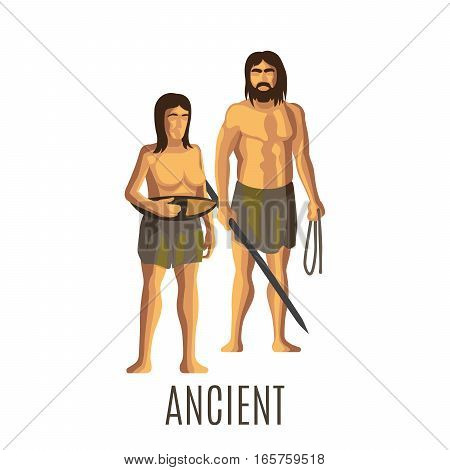 Ancient prehistoric woman and man, isolated vector illustration